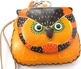 Handmade Owl Bird Animal Coin Purse with Wrist Strap and Key Chain