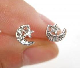 Small Moon and Stars Shaped Stud Earrings Non Allergenic Plastic Post