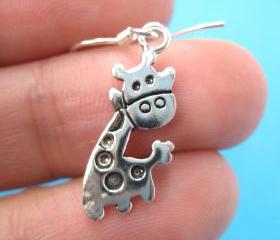 Small Cute Giraffe Animal Dangle Earrings in Sterling Silver