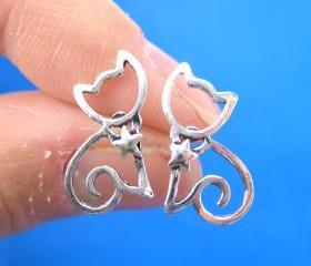 Small Kitty Cat Animal Stud Earrings with Star Detail in Sterling Silver