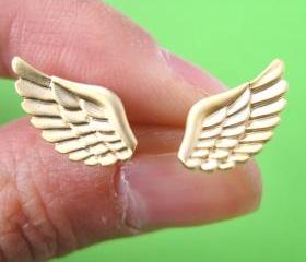 Angel Wings Feather Stud Earrings in Gold with Sterling Silver Posts