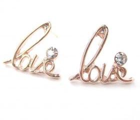 Love Cursive Stud Earrings in Light Gold with Rhinestone Details