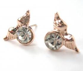 Angel Wings Feather Stud Earrings in Light Gold with Rhinestones
