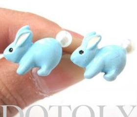 Super Cute Rabbit Animal Bunny Stud Earrings in Light Blue with Pearls