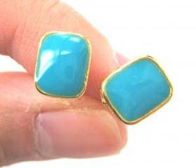 Small Turquoise Blue on Gold Rectangular Stud Earrings Simple and Cute