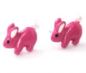 Super Cute Bunny Rabbit Animal Stud Earrings in Pink with Pearls 