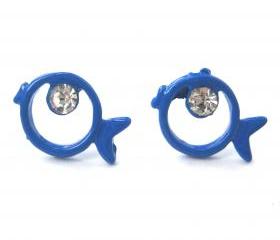 Small Bright Blue Round Fish Sea Animal Stud Earrings with Rhinestones