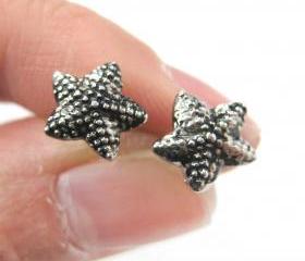 Small Textured Starfish Star Shaped Stud Earrings in Dark Silver
