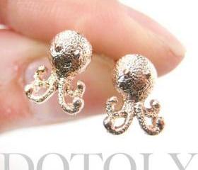 Adorable Octopus Squid Sea Animal Small Stud Earrings in Rose Gold