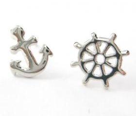 Small Nautical Inspired Anchor and Wheel Stud Earrings in Silver