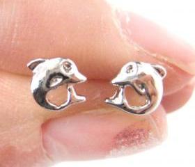 Tiny Dolphin Fish Sea Animal Stud Earrings in Silver