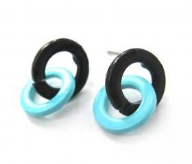 Retro Mod Hoop Linked Stud Earrings in Black and Mint Blue