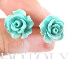 Small Floral Rose Resin Stud Earrings in Mint Blue Green