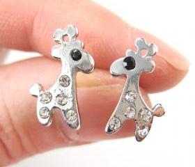 Small Giraffe Silhouette Animal Stud Earrings in Silver