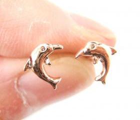 Small Dolphin Fish Shaped Sea Animal Stud Earrings in Rose Gold