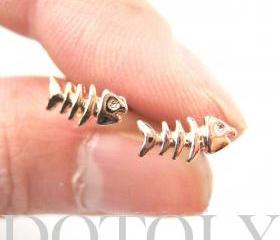 Small Fish Bone Fishbone Animal Stud Earrings in Rose Gold