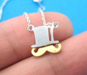 Moustache and Top Hat Necklace in Sterling Silver