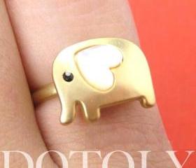 Adjustable Cute Elephant Ring in Gold with Pearl Heart Shaped Ears
