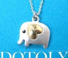 Small Elephant Animal Charm Necklace in Silver with Gold Heart Detail