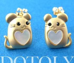 Mouse Cute Animal Earrings in Gold with Pearl Heart Detail ALLERGY FREE