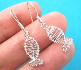 Small Fish Wire Wrapped Dangle Earrings in Sterling Silver