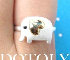 Adjustable Elephant Animal Ring in Silver with Gold Heart Shaped Ears
