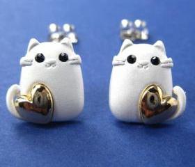 Kitty Cat Animal Earrings in Silver with Gold Hearts ALLERGY FREE