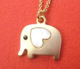 Small Elephant Animal Necklace in Gold with Heart- ALLERGY FREE