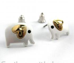 Small Elephant Earrings in Silver with Gold Heart Detail- ALLERGY FREE