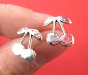 Cherry Shaped Fruit Stud Earrings in Sterling Silver