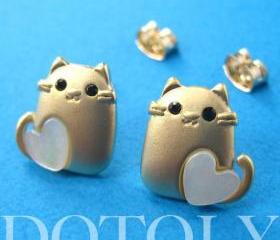 Kitty Cat Animal Earrings in Gold with Pearl Heart Detail ALLERGY FREE