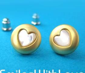 SALE - Round Gold Stud Earrings with Heart Shaped Detail ALLERGY FREE