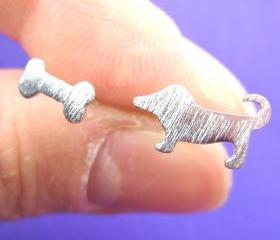 Puppy Dog and Bone Animal Stud Earrings in Sterling Silver
