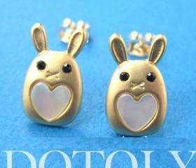 Small Bunny Rabbit Animal Stud Heart Earrings in Gold - ALLERGY FREE