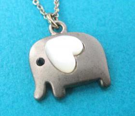 Small Elephant Animal Charm Necklace in Dark Silver with Heart
