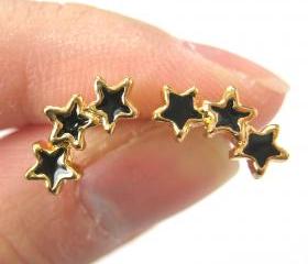 Small Connected Stars Stud Earrings in Black on Gold