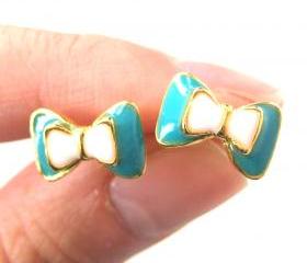 Small Bow Tie Ribbon Stud Earrings in Turquoise White and Gold