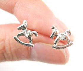Small Rocking Horse Animal Stud Earrings in Silver