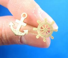 Anchor and Wheel Nautical Studs in Gold with Sterling Silver Posts