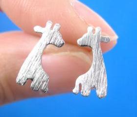 Giraffe Shape Animal Stud Earrings in Silver with Sterling Silver Posts