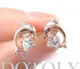 Small Dolphin Fish Sea Animal Stud Earrings in Light Gold